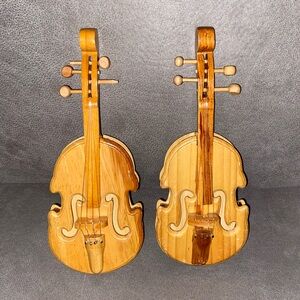 Vintage 2 MINI Violin Christmas Ornament Wooden Collectible flaw missing knob